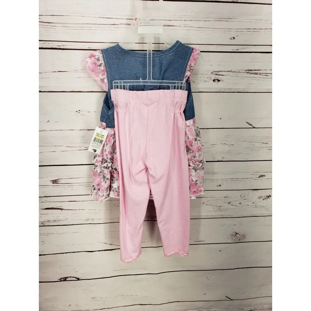 DDG‎ Darling 12 months 2 piece outfit floral denim top pink leggings tights